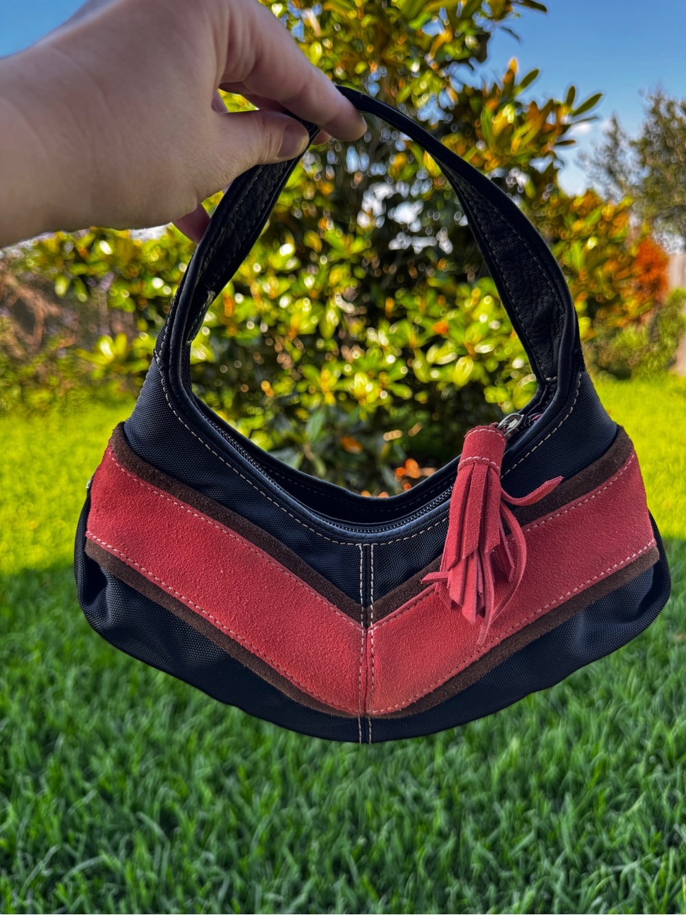 Vintage Cole Haan Y2K Mini Handbag Black Nylon Suede Tassel Purse